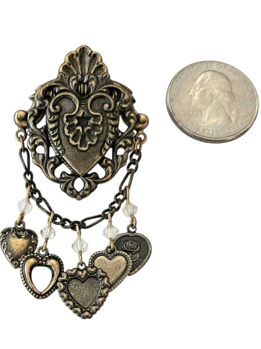 Heart Shield Pin Brass Chatelaine Style AB Rhinestone Dangle Lapel Tack, J24